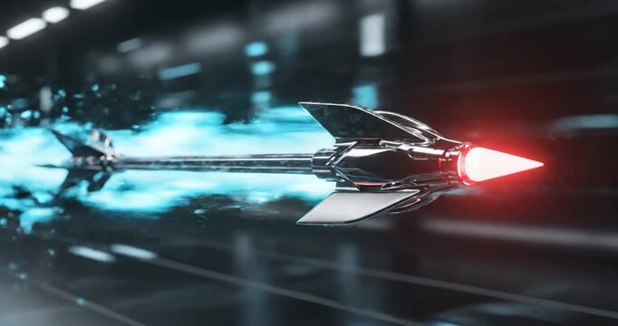 Futuristic metal arrow flying with blue energy trail in abstract space
