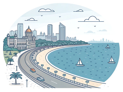 Marine Drive Mumbai skyline, modern minimal vector illustration, curved coastline, simplified cityscape