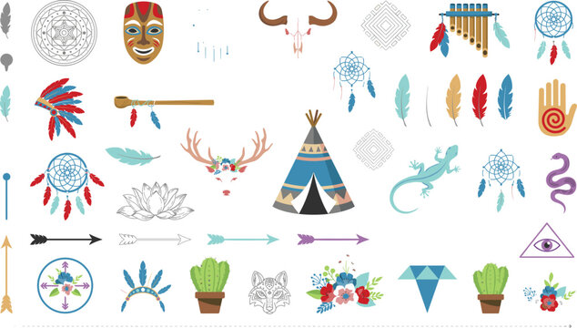 Native American tribal icon collection featuring dreamcatchers, feathers, teepee, arrows, masks, wildlife, and bohemian symbols isolated on white background for ethnic design