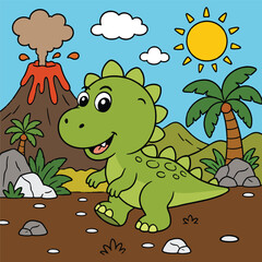 Cute cartoon dinosaur walking in prehistoric landscape © BungCu