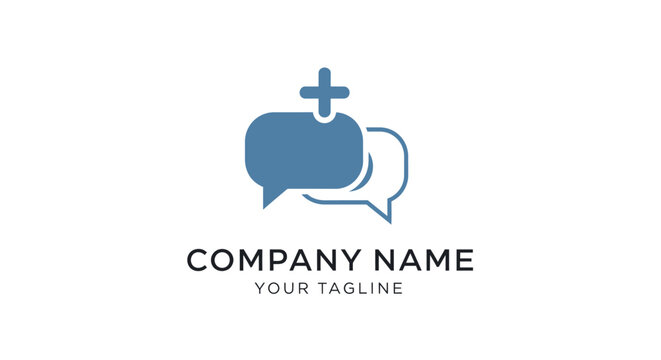 A blue logo with speech bubbles and a cross on a white background.