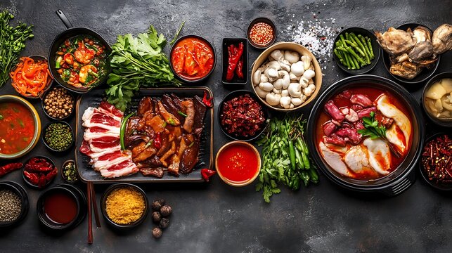Traditional hot pot ingredients spread on dark background featuring raw meat vegetables fresh spicy sauces and fragrant aromatic kitchen spices