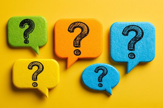 Five colorful speech bubbles with question marks on bright yellow background