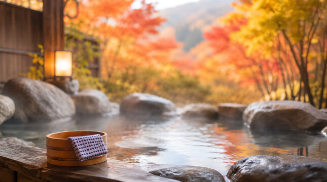 秋の露天風呂と紅葉が彩る癒しの温泉イメージ