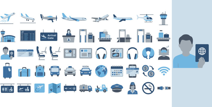 Airport and aviation icon set, flat blue travel symbols for flight booking and tourism, 45 vector elements for transportation and logistics