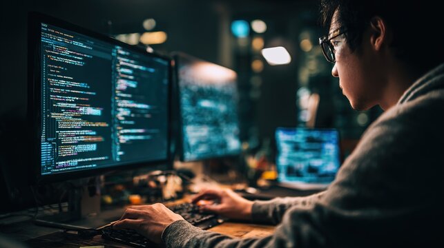 Programmer working on computer code at night in office