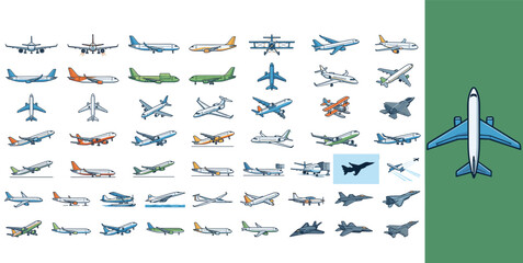 Aviation collection of 49 airplane icons, commercial aircraft and military jet vector set, passenger planes and cargo flight symbols for travel design © Adnan
