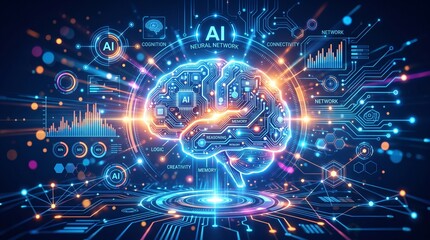 Fototapeta premium Artificial intelligence concept with glowing digital brain surrounded by neural network circuits with brain integrated circuitry circuitry data analytics