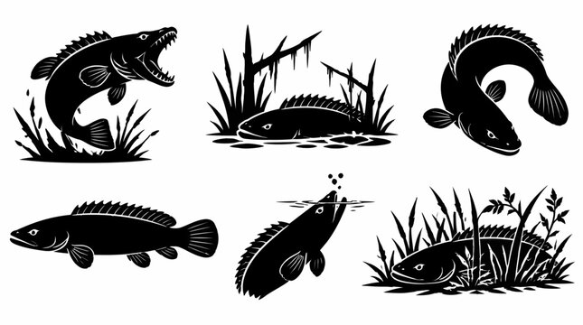 Snakehead Fish Silhouette Icons Set in Various Poses