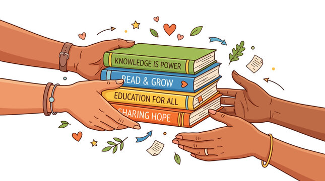 Illustration of diverse hands exchanging stack of colorful books with inspirational quotes on white background with hearts and leaves.