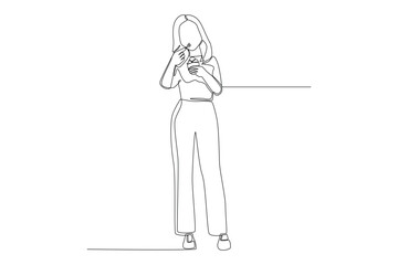 Obraz premium Minimalist single line drawing of a human subject, a standing woman who is holding a small cup and eating ice cream with a small spoon, captured in a clean black outline vector style.