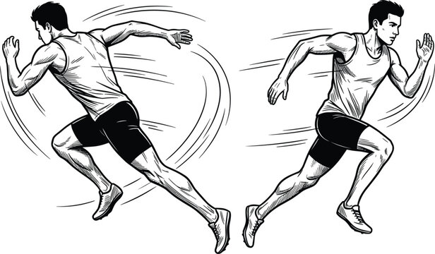 Dynamic hand drawn sketch vector illustration of a male runner sprinting showing front and back view action