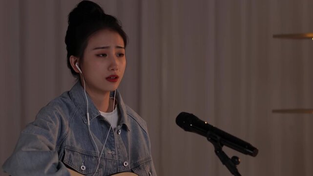Talent artist musician practicing acoustic classical guitar, singing song with microphone in studio. Guitarist player woman string finger music fretboard play musical instrument for rock metal track