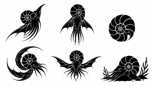 Ammonite creature silhouettes with wings, fantasy marine monsters