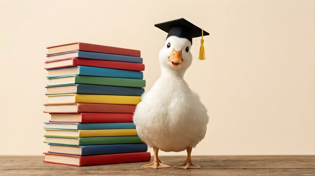 Graduate White Duck Standing Beside Colorful Book Stack