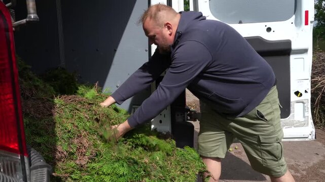 Man in shorts pulls a large heap of fresh green yard waste from the back of a van at a waste collection site.