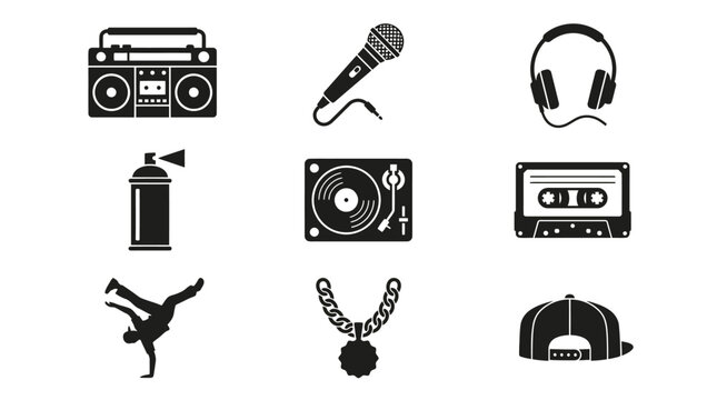 Music symbols and equipment icons.