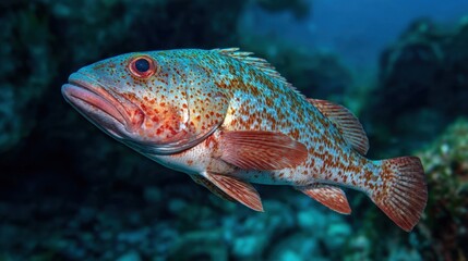 Fototapeta premium Photorealistic CGI spotted grouper fish swimming in deep blue ocean reef