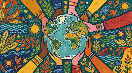 Fototapeta premium Diverse hands holding a globe surrounded by colorful nature elements