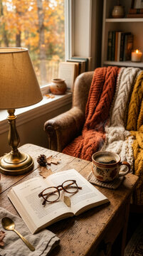 Cozy autumn indoor scene with book and coffee for reading concept