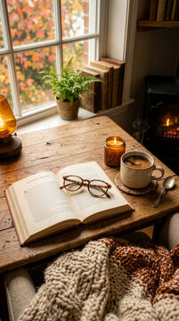 Cozy autumn indoor scene with book and coffee for reading concept