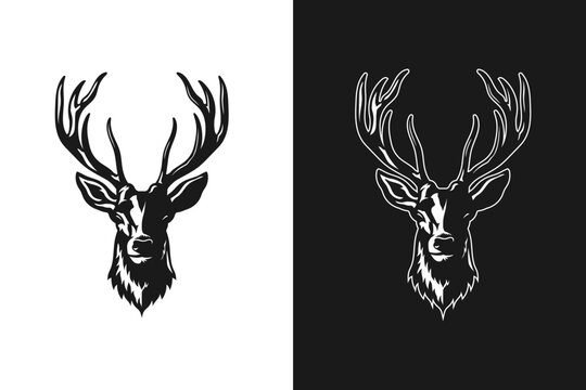 Deer Head Line Art Vector Illustration with Antlers Isolated on White and Black Background