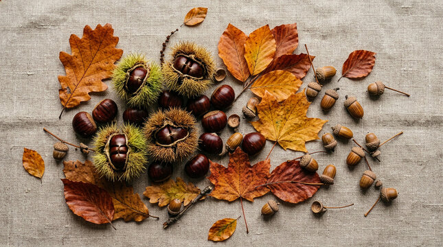 Fresh chestnuts and autumn leaves on linen for fall seasonal background