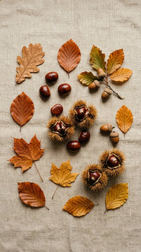 Fresh chestnuts and autumn leaves on linen for fall seasonal background