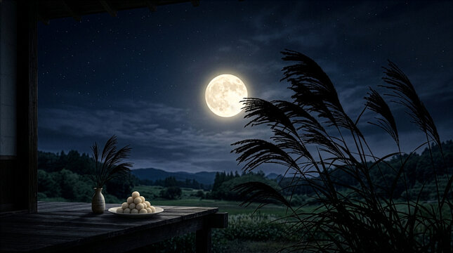 Traditional Japanese full moon and pampas grass for Otsukimi festival background