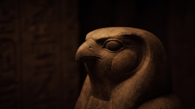 Close-up of an ancient Egyptian falcon-headed canopic jar in dark shadows