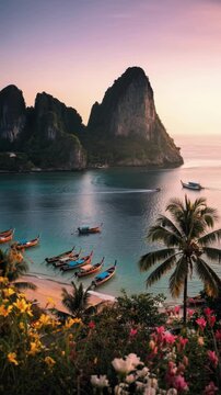 Beautiful scenic view of traditional longtail boats moored on a tropical beach bay with dramatic limestone cliffs during sunset
