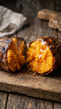 Hot baked sweet potato with steam for autumn food concept