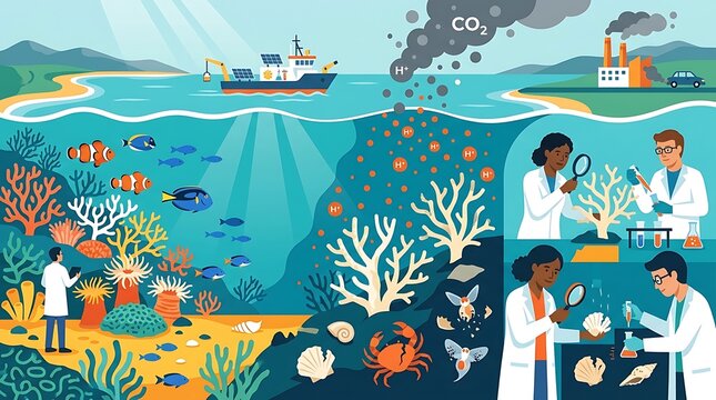 Ocean acidification process from pollution to coral bleaching