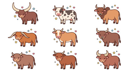 Fototapeta premium Collection of different cow and bull cartoon stickers.