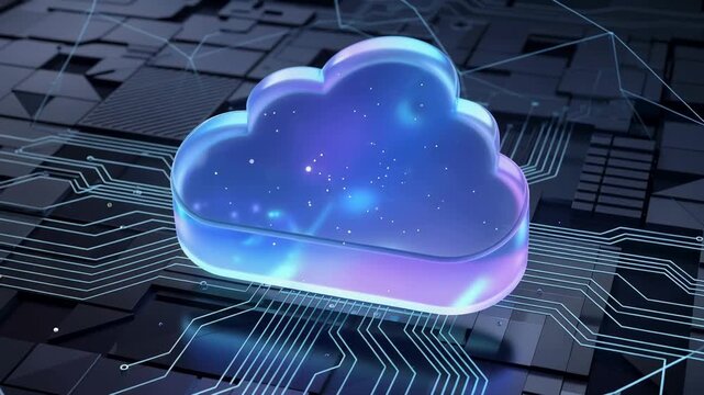 Luminous cloud computing icon floating over dark blue digital background, representing secure cloud technology infrastructure, 4K video