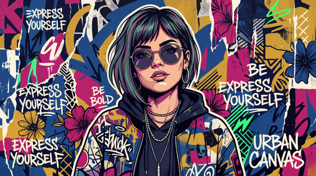 Vibrant illustration of a young woman with dark hair and sunglasses wearing a colorful jacket with motivational phrases in a lively urban setting.
