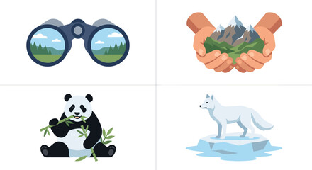 Nature and wildlife icons featuring panda and fox. © rodin