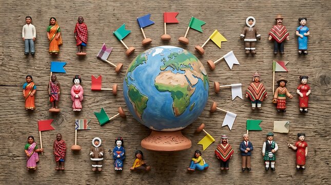 Multicultural figures and flags surrounding a globe on a wooden surface
