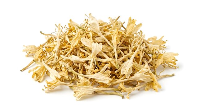 Pile of Premium Dried Honeysuckle Flowers Jin Yin Hua for Traditional Chinese Medicine on White Background