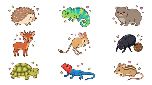 Selection of small mammal and reptile cartoon stickers.