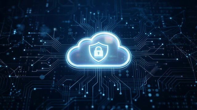 Luminous cloud computing icon floating over dark blue digital background, representing secure cloud technology infrastructure, 4K video