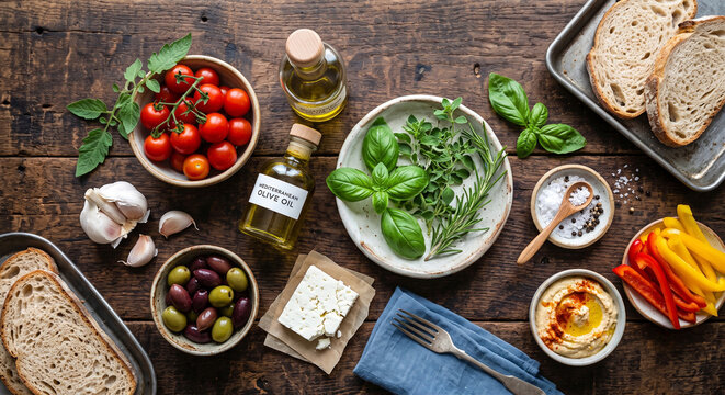 Vista cenital de ingredientes frescos de la cocina mediterr&aacute;nea sobre una mesa de madera r&uacute;stica