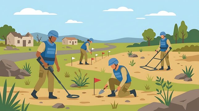Demining team clearing a field of explosives in a rural area