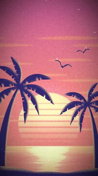 Vintage Film Grain Background Animation with Tropical Beach Sunset and Palm Trees