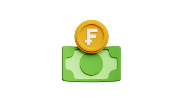3D Swiss Franc Money and Coin Icon Pop Up Bounce Animation on White Background