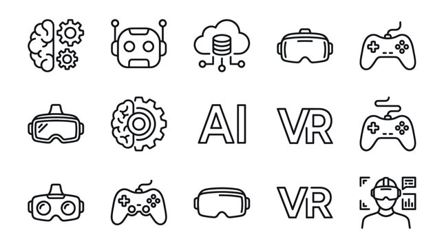 Artificial intelligence and virtual reality technology icon set.