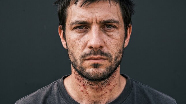 Close up portrait of a man with rough skin and beard against a dark background