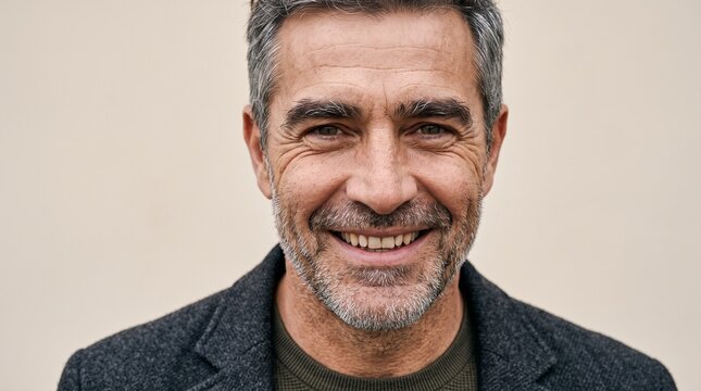 Close up portrait of a smiling middle aged man with graying hair and beard