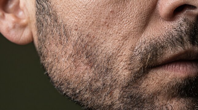 Close up of man's face showing skin texture and stubble