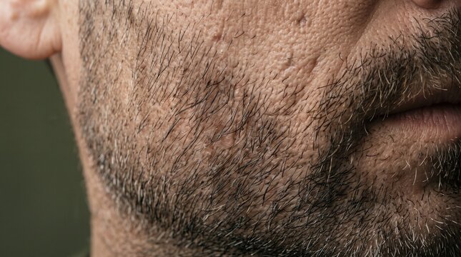 Close up of man's face showing skin texture and stubble beard with acne scars